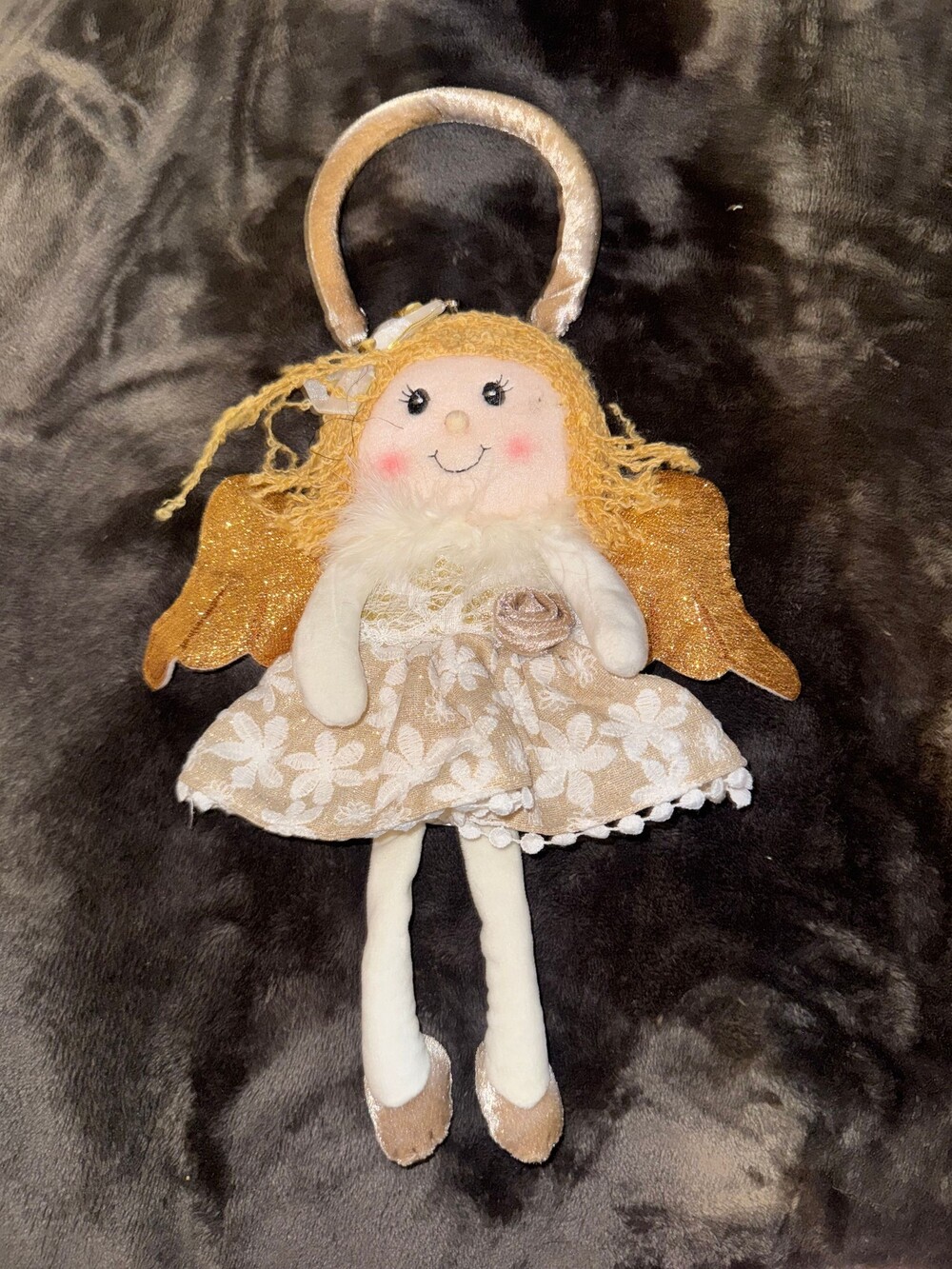 Plush Angel Purse Gold Glitter Wings White Floral Lace Dress Handbag